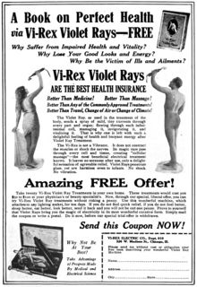 "A Book on Perfect Health via Vi-Rex Violet Rays — FREE," advert, 1921.
