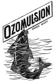 Ozomulsion trade mark. A cod raising its head above water, the word OZOMULSION on an angled banner above.