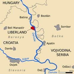 Liberland's location within the Croatian-Serbian border region, on the western banks of the Danube River