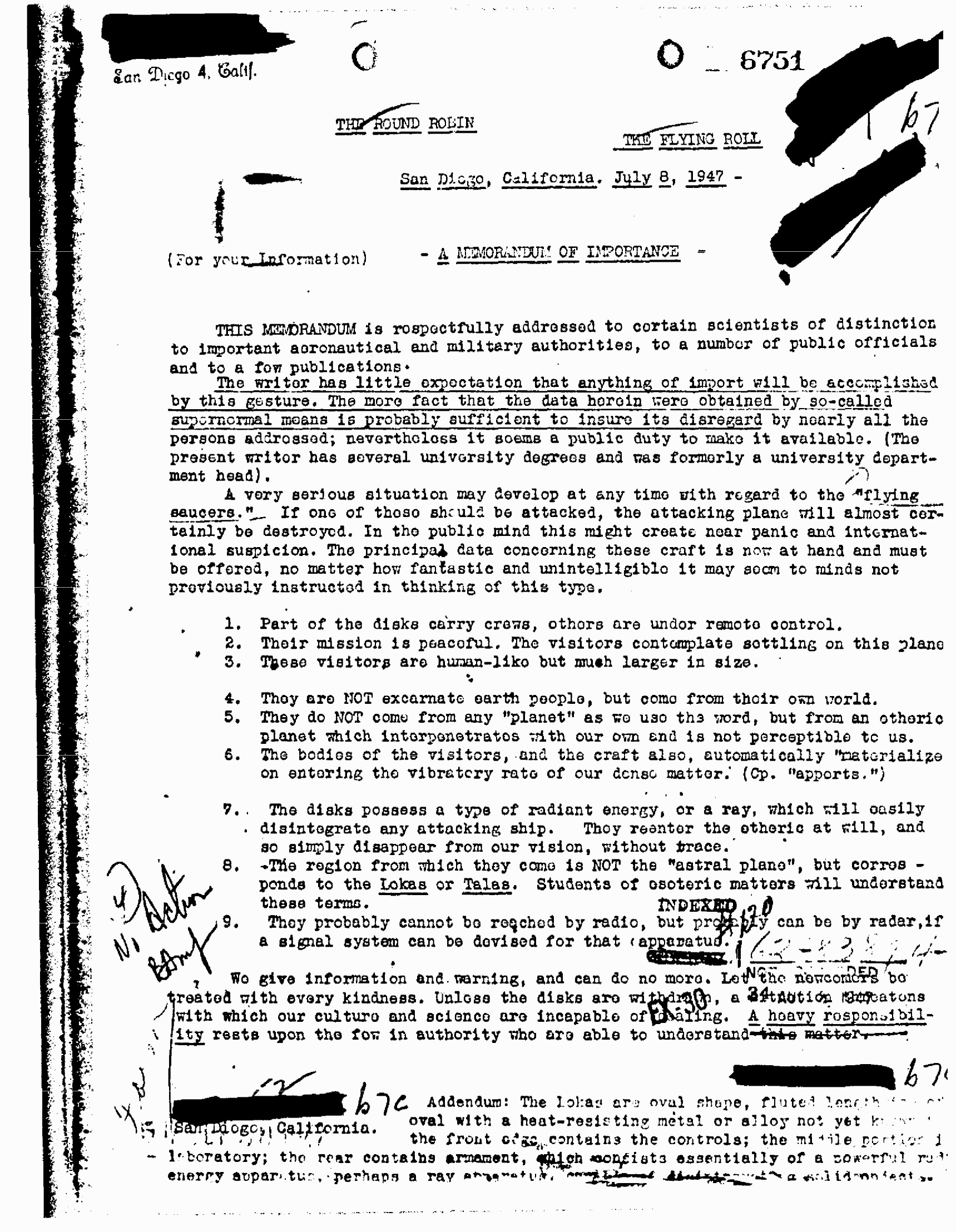 File Memorandum 6751 San Diego Cal July 8 1947 Aka A Memorandum Of Importance By Meade