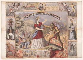 Demons and shades representing various afflictions border the image of a woman in American colours defying a demonic figure holding a cork-screw. (c. 1867)