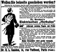 "Wollen Sie beiseite geschoben werden?" (English: Do you want to be pushed aside?) - Dr. K. L. Sanden, Paris - 1910 German newspaper ad.