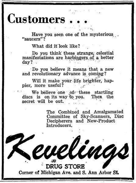 File:Sky-Scanners, Disc Decipherers and New-Product Introducers (Kevelings Drug Store) - The Saline Observer (64.41, p. 4) - 1947-07-17.jpg