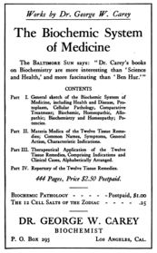 1917 ad, quoting the Baltimore Sun: "Dr. Carey's books on Biochemistry are more interesting than 'Science and Health' and more fascinating than 'Ben Hur.'"