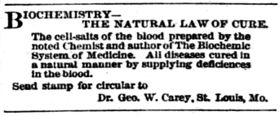 A 1903 classified ad, offering "cell-salts of the blood" for sale, promising "all diseases cured in a natural manner by supplying deficiencies in the blood."