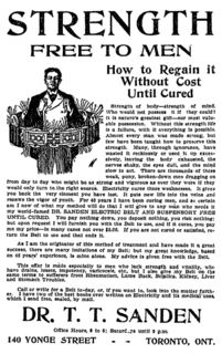 "STRENGTH FREE TO MEN - How to Regain it without Cost Until Cured" - Dr. T. T. Sanden, Toronto - 1907 Canadian newspaper ad.