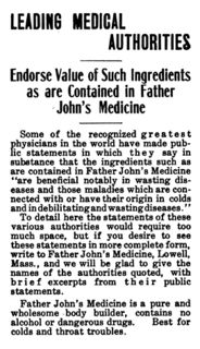 "LEADING MEDICAL AUTHORITIES Endorse Value of Such Ingredients as are Contained in Father John's Medicine" (1917)