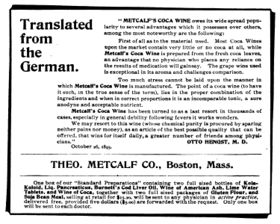 "METCALF'S COCA WINE owes its wide spread popularity to several advantages which it possesses over others..." (1896)