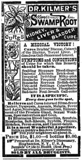 "A MEDICAL VICTORY! Cures Brights' Disease, Catarrh of the Bladder, Torpid Liver. It dissovles Gall-Stones and Gravel. [...] IT IS A SPECIFIC. Every dose goes to the spot. Relieves and Cures internal Slime-fever, Canker, Dyspepsia, Anaemia, Malaria, Fever and Ague, [etc.]" (1886)