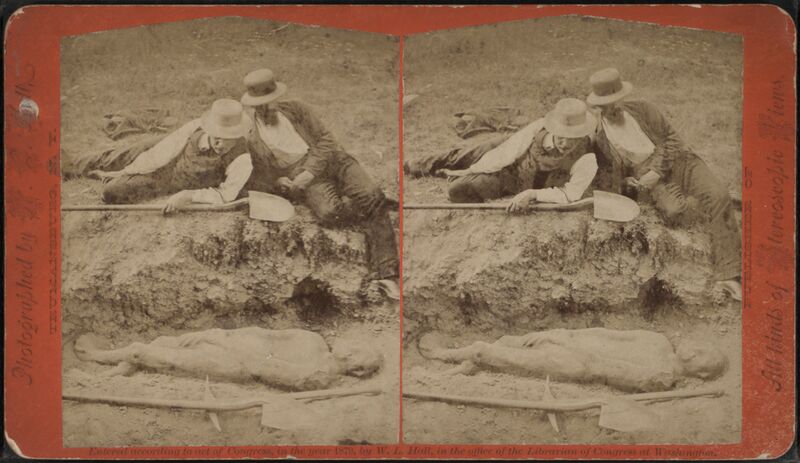 File:Taughannock Giant - Picture of a Petrified Body, Belonging to a Pre-Historic Race - stereoscopic photo by W. L. Hall (1879).jpg